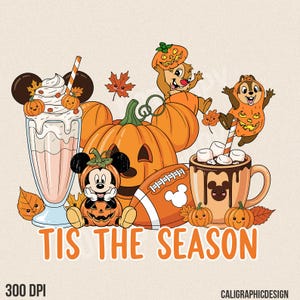 May include: A digital illustration featuring a Halloween theme with pumpkins, cartoon characters, a milkshake, and a mug of hot chocolate. The text "TIS THE SEASON" is displayed in orange. The image includes a football and fall leaves.