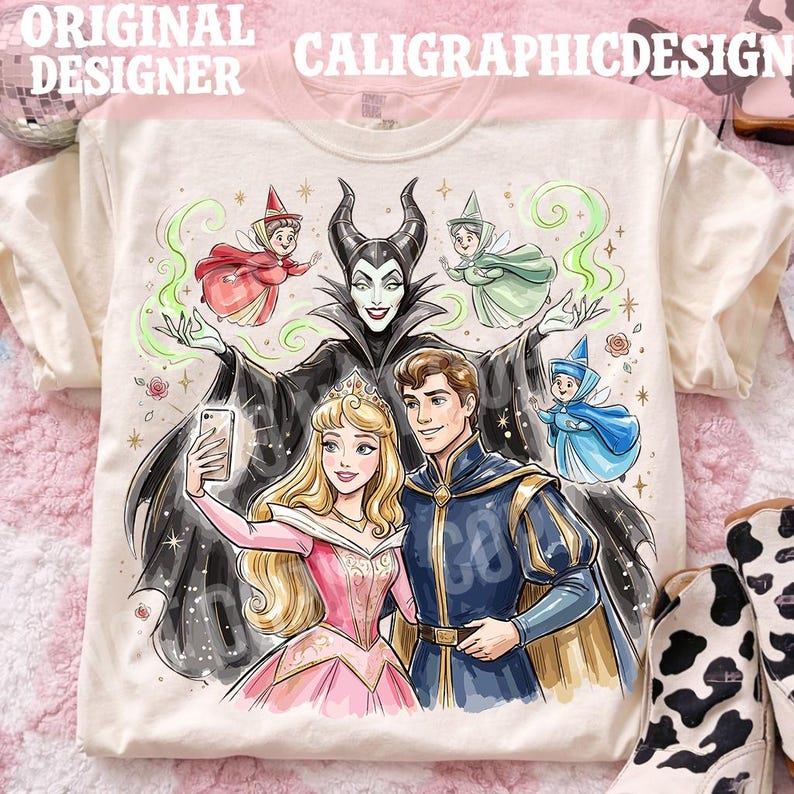 May include: Cream t-shirt with a colourful graphic of Disney characters, including Aurora, Prince Phillip, and Maleficent, taking a selfie. The design includes the text "ORIGINAL DESIGNER CALIGRAPHICDESIGN".
