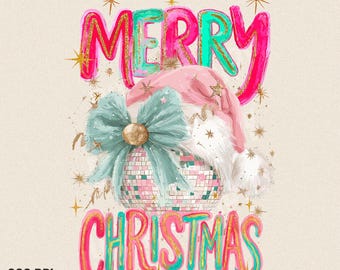 Disco Merry Christmas PNG, Coquette Santa Hat (Digital Download)