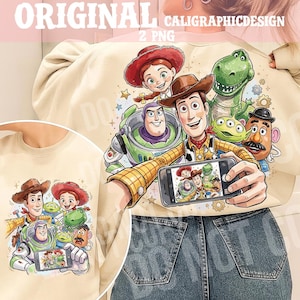 Cartoon Toy Friends Selfie PNG, Retro Cowboy Space Ranger Dinosaur Clipart, Retro Kids Illustration, Transparent Background Digital Download