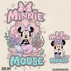 May include: A digital illustration featuring Minnie Mouse as a mermaid, seated in a pink seashell. The design includes the word "Minnie" in pink polka dot letters above and "Mouse" in turquoise polka dot letters below. Additional elements include starfish, hearts, and coral.