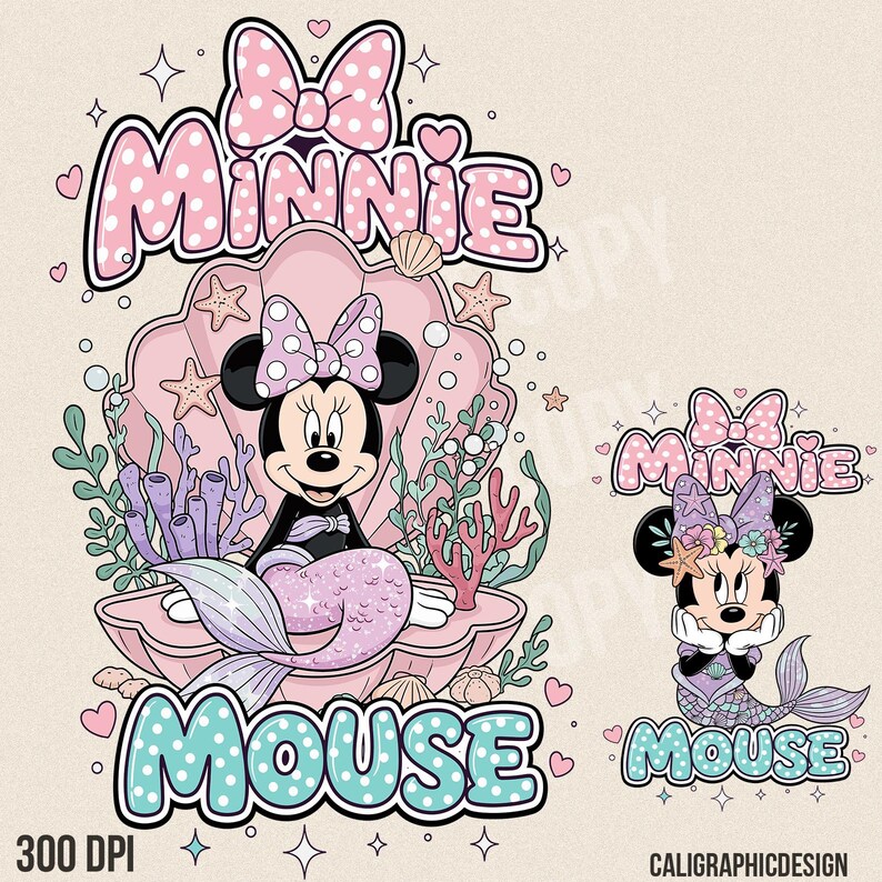May include: A digital illustration featuring Minnie Mouse as a mermaid, seated in a pink seashell. The design includes the word "Minnie" in pink polka dot letters above and "Mouse" in turquoise polka dot letters below. Additional elements include starfish, hearts, and coral.