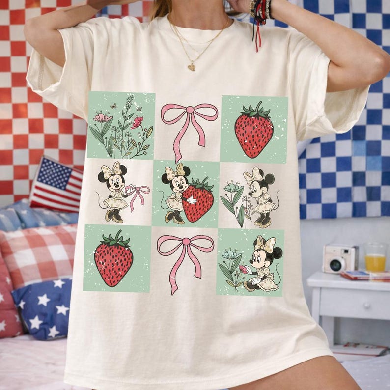 Disney Minnie Mouse PNG, Strawberry Bow Graphic, Retro Vintage Floral Artwork, Retro Girly Illustration, Cartoon Shirt Printable image 12