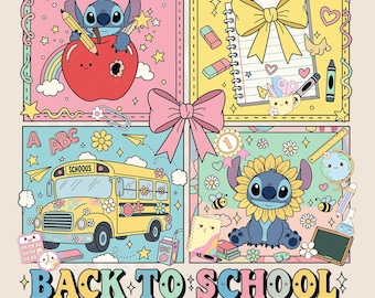 May include: A colorful "Back to School" themed illustration featuring cartoon characters and school supplies. The design includes a yellow school bus, a notebook with a bow, and the text "Back to School". The image is in a square format.