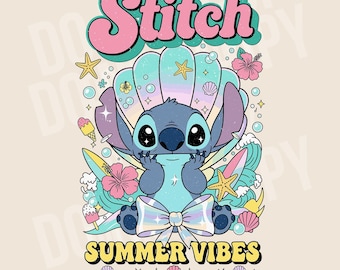 Disney Stitch Summer Vibes PNG Design for T-Shirt | Retro Beach Sublimation,Kawaii Cartoon Stitch Sublimation Design for Summer Vibes,Stitch