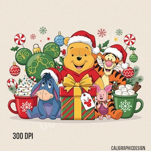 May include: A festive illustration featuring Winnie the Pooh, Tigger, Piglet, and Eeyore wearing Santa hats. The characters are surrounded by Christmas ornaments, snowflakes, and mugs of hot chocolate. A wrapped gift box with a yellow bow is in the center.