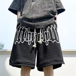 Shorts masculinos com estampa de letras de espuma Y2K Summer – Shorts de moletom folgados para uso urbano, bermudas de basquete casuais