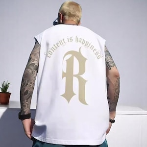 Camiseta regata branca com estampa de letras Y2K para homens – Colete de hip hop sem mangas, camiseta vintage da moda de verão