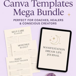 Puede incluir: Una ilustración digital de una tableta que muestra una plantilla de diario con el texto "Manifestation Dream Life Journal". La tableta está rodeada de tres plantillas de planificador imprimibles: "Self-Care Planner", "Monthly Budget" y "Daily Wellness Tracker". La imagen también incluye un cristal de amatista púrpura.