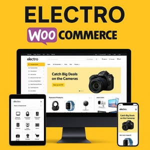 Puede incluir: Una captura de pantalla de un sitio web para una tienda de electrónica llamada "Electro". El sitio web está diseñado para WooCommerce y presenta un anuncio de banner con una cámara y el texto "Catch Big Deals on the Cameras". El sitio web también presenta una cuadrícula de productos con auriculares, un reloj inteligente, una cámara de seguridad y un televisor.