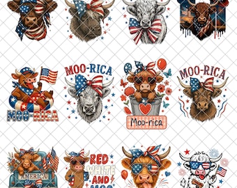 Moo Rica Bundle Png, 4th of July Highland Cow Png, American Highland Cow Coquette Png, Girly USA Flag PNG, Independence Day Png,Memorial Day