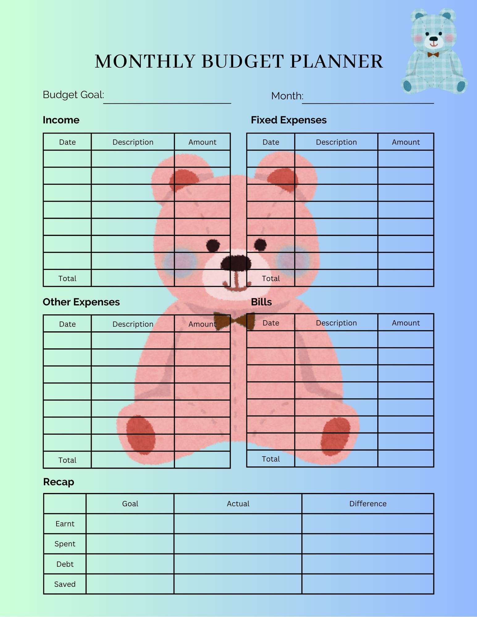 Monthly Budget Planner Teddy Bear Design