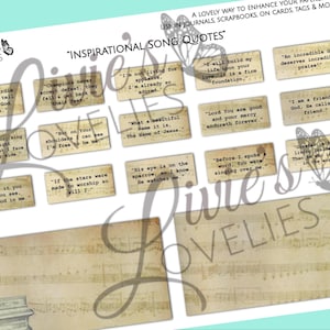 May include: A set of 12 printable digital scrapbook paper squares featuring inspirational song quotes. The paper is a vintage style with a musical note background. The quotes are in black text on a white background.