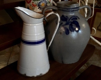 Antique French Country Graniteware Enamelware Blue and White Body Pitcher