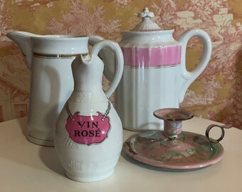 Vintage French Country White and Pink Rosé  Wine Stoneware Earthenware Ironstone Pitcher