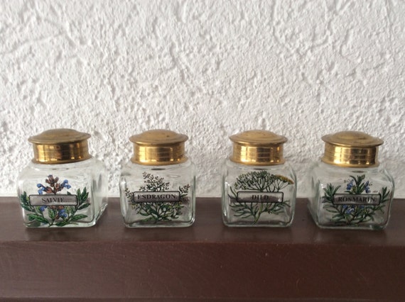 Four Vintage French Decorative Spice Canisters Jars Brass Lids, Rosemary,  Dill, Salvis, Esdragon 