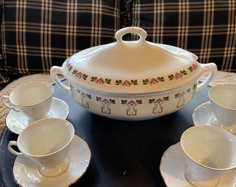 Antique Art Nouveau Tureen, Terrine, Lidded Casserole, White, Pink and Green, Villeroy and Boch