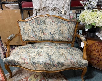 French Antique Settee, Tapestry Style Upholstery Beautiful Wood.  Local Pickup results in free shipping.  Please read  item description