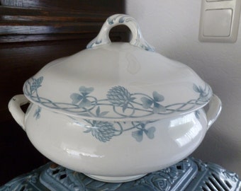 French Country Antique Casserole Tureen Sarreguemines U & Cie, Trefle, Blue and White, Large