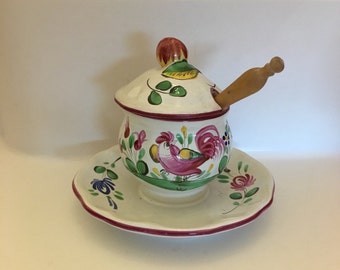 Vintage French Country Rooster Mustard Pot, St Clement, Handpainted under Glaze
