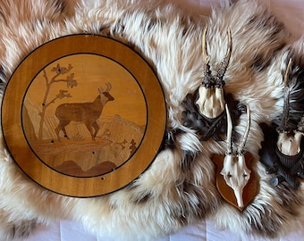 Vintage French Country Hunter's Target, Handmade, Beautiful Inlaid Wood Hunt Scene Great Rustic Decor or Father's Day Gift