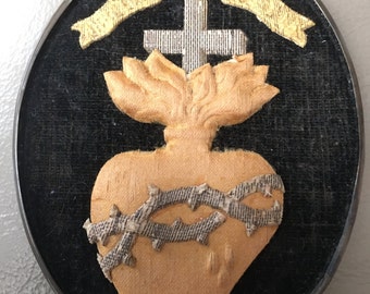 French Antique Embroidery Religious Art, Confirmation Gift