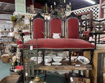 French Antique Bench, Wood Trim with Faces and Crests, and Upholstered Seats, Backs, and Arms LOCAL PICKUP ONLY