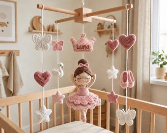 Personalized Pink Crochet Baby Mobile, Custom Name Princess Ballerina Crib Mobile for Girl, Swan & Butterfly Nursery Decor, Baby Shower Gift