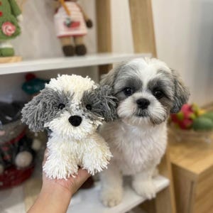 Pode incluir: Uma figura de cão feita à mão em fio com pelo felpudo branco e cinzento, olhos pretos e nariz preto, segurada ao lado de um cão Shih Tzu vivo com pelo branco e cinzento semelhante, olhos escuros e nariz preto, com padrões de cor iguais.