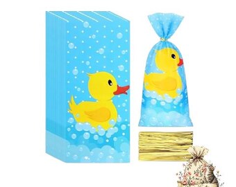 May include: Blue party favor bags with a yellow rubber ducky design. The bags are decorated with bubbles and a cartoon duck. Also included are gold twist ties and a gift bag with a floral design and a cat.