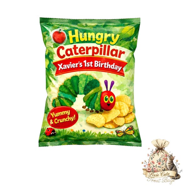 Hungry Caterpillar Chip Bag – Personalized Birthday Party Favor – Custom Snack Bag – First Birthday Theme