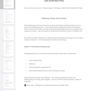 Op de afbeelding: Een digitaal document getiteld "Einbürgerung in Deutschland - Dein kompletter Fahrplan zum deutschen Pass" op een tabletscherm. Het document geeft informatie over het Duitse staatsburgerschap, inclusief vereisten, procedures en tips. De tekst is in het Duits.