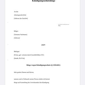May include: A German-language document, "Kündigungsschutzklage", possibly a legal claim related to employment protection. The document features headings, placeholders, and formal language, set against a white backdrop.