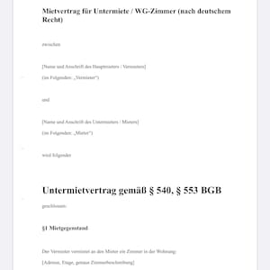 Könnte beinhalten: Ein deutschsprachiges Dokument mit dem Titel "Mietvertrag für Untermiete WG- Zimmer". Es ist ein Mietvertrag für ein Zimmer in einer Wohngemeinschaft, mit Abschnitten für Vermieter-, Mieterdetails und Raumbeschreibung.
