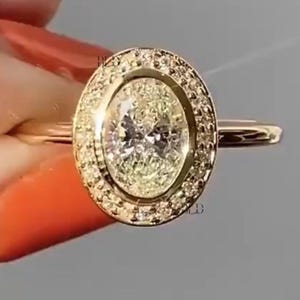 2CT Oval Cut Bezel Set Moissanite Ring Halo Engagement Ring For Her 14K Yellow Gold Ring Vintage Wedding Statement Ring Proposal Ring
