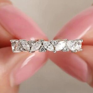 Round Cut And Marquise Cut 1.6CT Moissanite Wedding Band 14K White Gold Eternity Ring Half Eternity Band Anniversary Gift Minimalist Ring