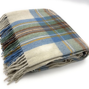 Soft Wool Tartan Blanket – 70x60 Inches – Soft, Warm & Timeless - Stewart muted blue
