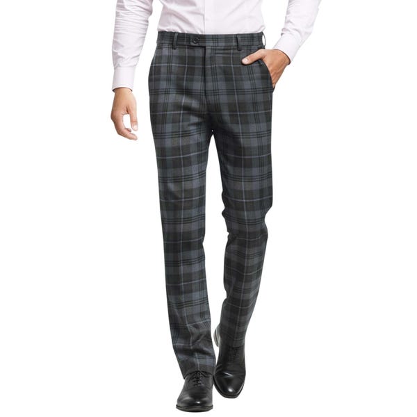 Men's Grey Granite Tartan Trousers:Expandable Waist, Scottish Check Design