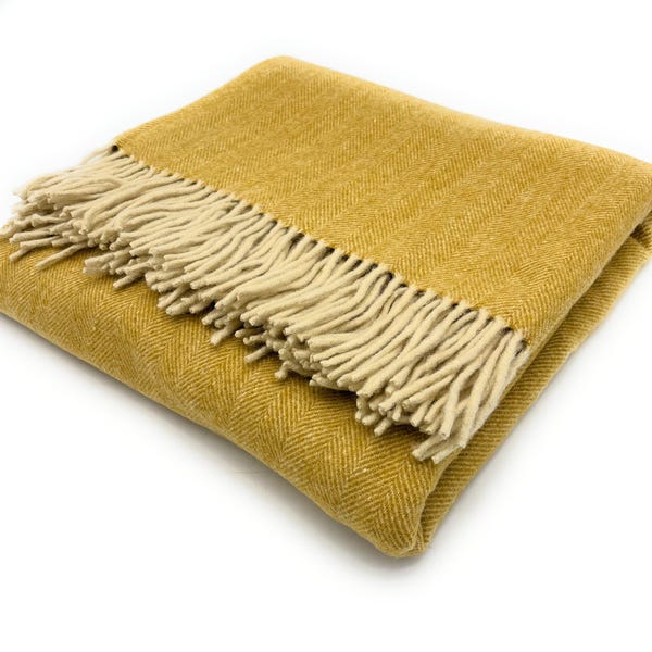 Mustard Herringbone Wool Throw – Recycled, Soft Sofa Blanket (185x152 cm)