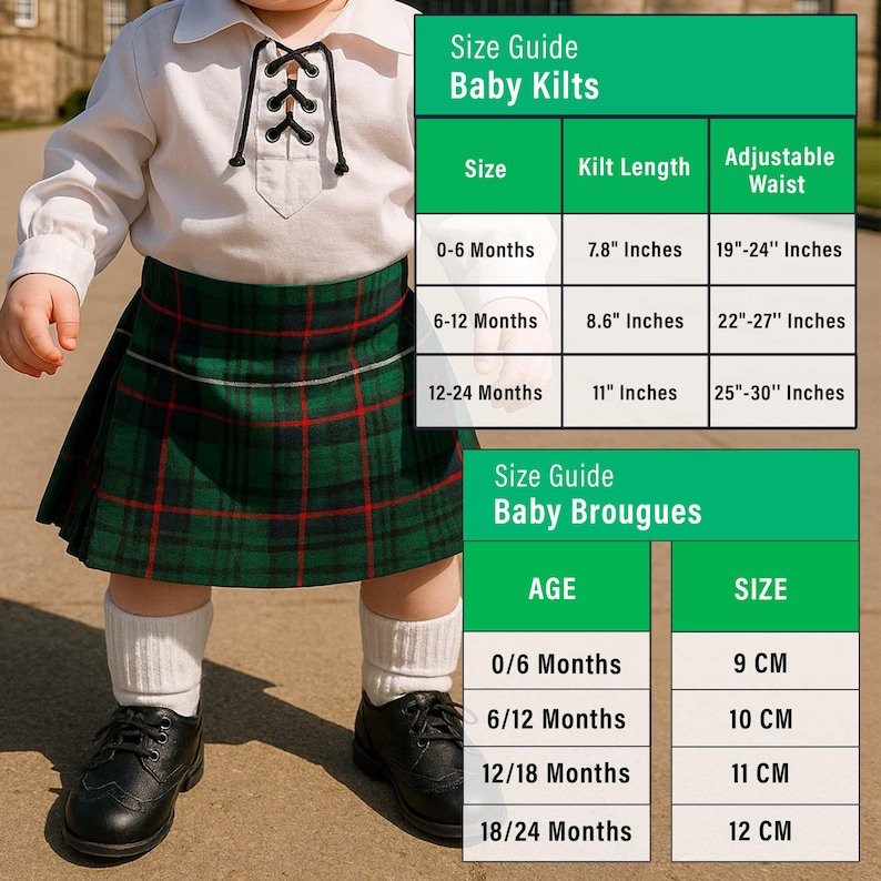 May include: A baby wearing a green and red plaid kilt, white shirt, black shoes, and white socks. The image includes a size guide for baby kilts and baby brougues. The kilt lengths range from 7.8 inches to 11 inches.