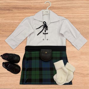 Black Watch Tartan Baby Kilt Outfit made in Scotland – Full set of Kilt, Ghillie Shirt, Hose, Sporran, Brogues |  Newborn to Toddler Sizes
