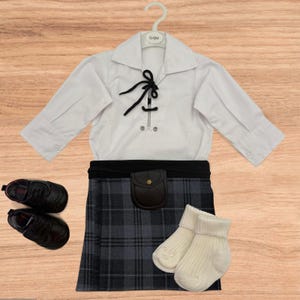 Grey Granite Tartan Baby Kilt Outfit made in Scotland – Full set of Kilt, Ghillie Shirt, Hose, Sporran, Brogues |  Newborn to Toddler Sizes