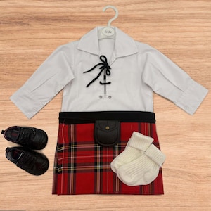 Royal Stewart Tartan Baby Kilt Outfit made in Scotland – Full set of Kilt, Ghillie Shirt, Hose, Sporran, Brogues |  Newborn to Toddler Sizes