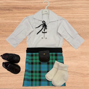 Mackay Tartan Baby Kilt Outfit made in Scotland – Full set of Kilt, Ghillie Shirt, Hose, Sporran, Brogues |  Newborn to Toddler Sizes