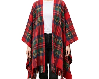 Scottish Tartan Wool Blanket Cape – Royal Stewart Plaid Blanket