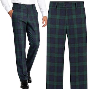 May include: Trousers featuring a dark green and navy blue plaid pattern. The pants have a structured waistband with a single button closure, belt loops, and a straight-leg cut. The fabric displays a classic tartan-style check design throughout.