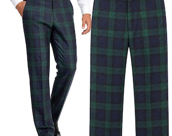 Men's Black Watch Tartan Trousers: Expandable Waist, Scottish Check Design