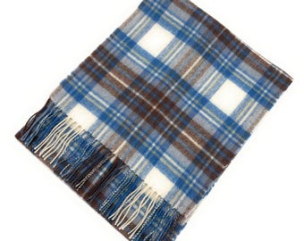 100% Lambswool Tartan Scarves: Stewart Muted Blue Plaid, Unisex Winter Scarf