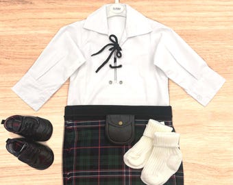 Scottish National Tartan Baby Kilt Outfit: Handmade Ghillie Shirt, Sporran & Brogues