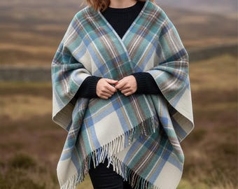 Scottish Tartan Blanket Wool Cape - Stewart Muted Blue, Winter Shawl